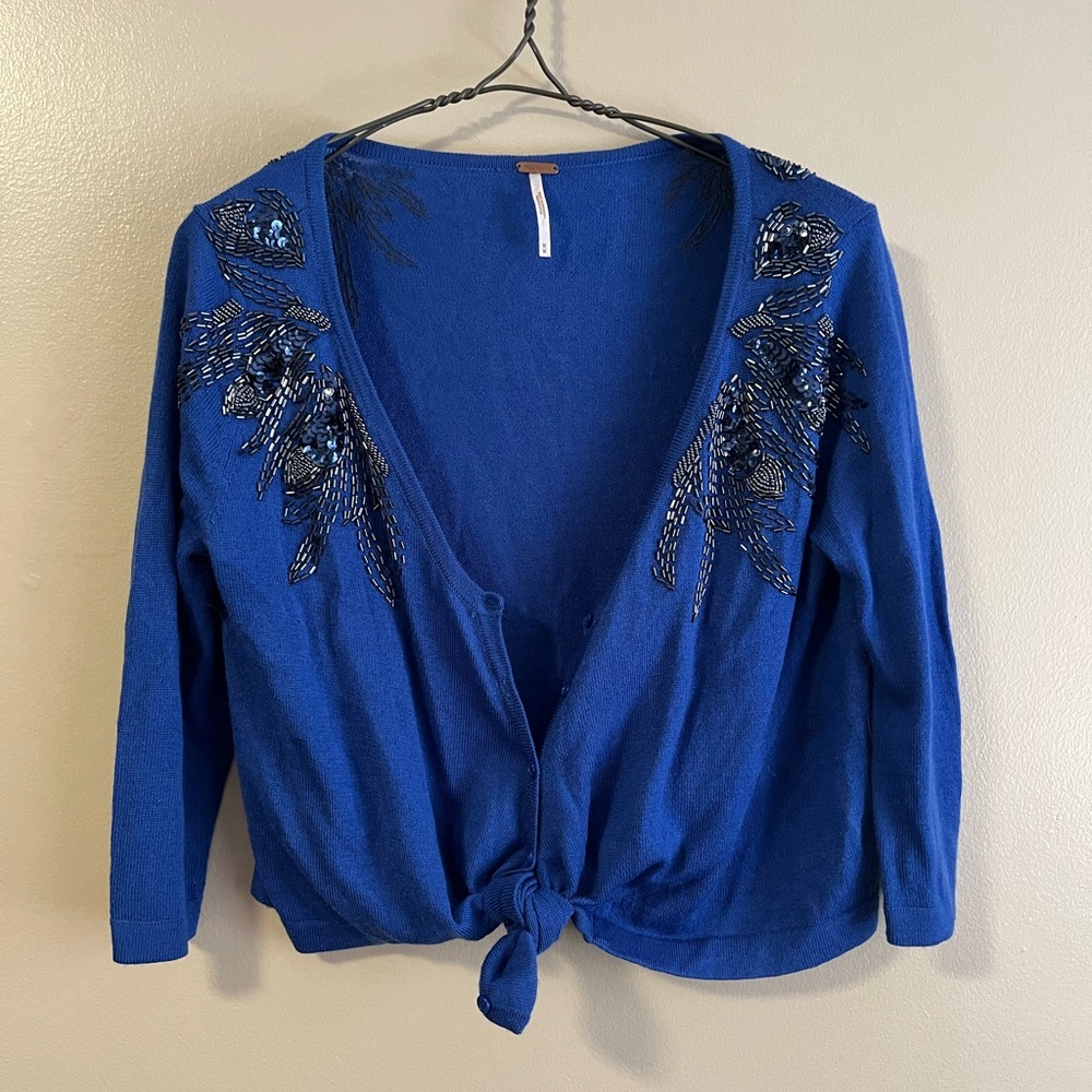 Free People Blue Beaded Sequined Quarter Sleeve Button Up Cardigan Medium